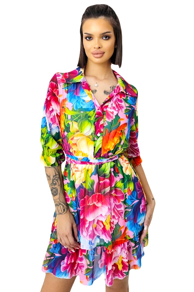 Rochie de vara Kasiana, cu maneca trei sferturi si imprimeu floral, Dahlia multicolor, Marime S/M/L