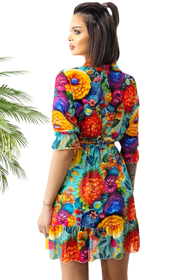 Rochie de vara Kasiana, cu maneca trei sferturi si imprimeu floral, Turquoise Dahlia, Marime S/M/L