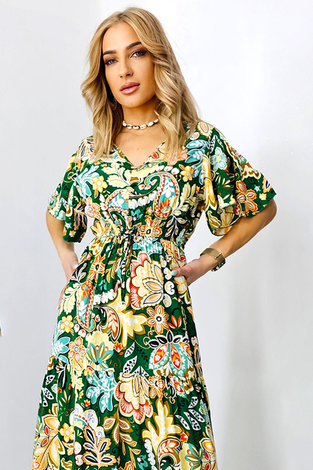 Rochie de vara Mandinga, din bumbac, cu imprimeu tropical, Verde