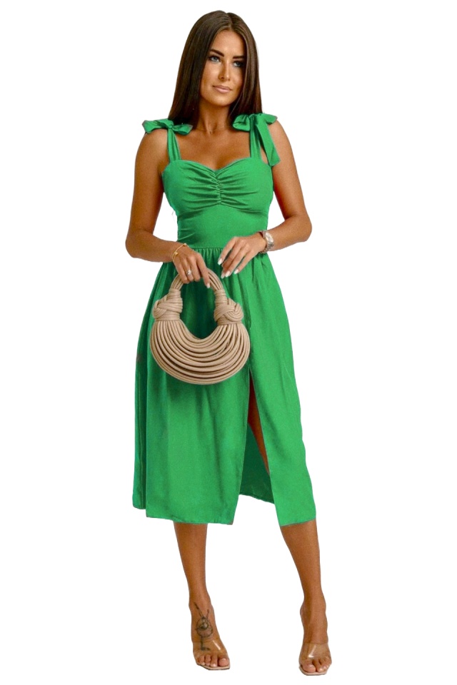 Rochie de vara MYA Masha, cu bretele legate funda si imprimeu uni, Verde, Marime S/M