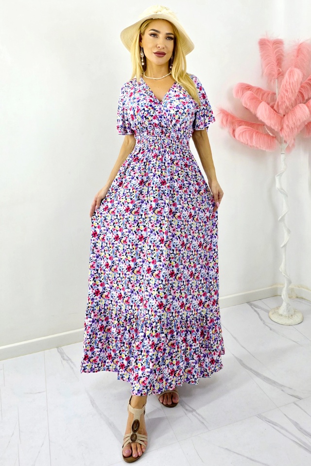 Rochie de zi Mandinga, din bumbac, cu imprimeu floral, MOV Petunia - 3 | YEO