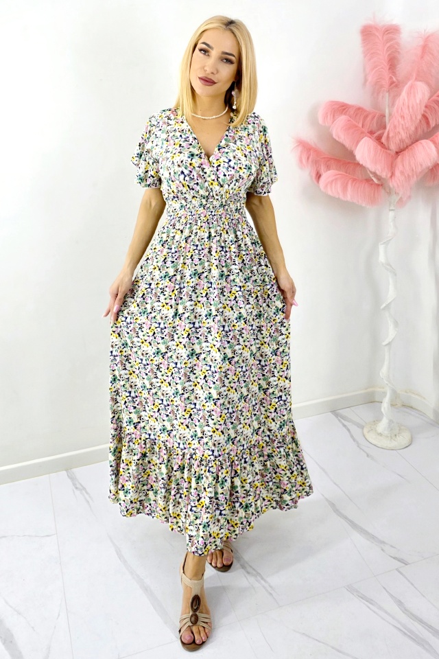 Rochie de zi Mandinga, din bumbac, cu imprimeu floral, Verde Petunia