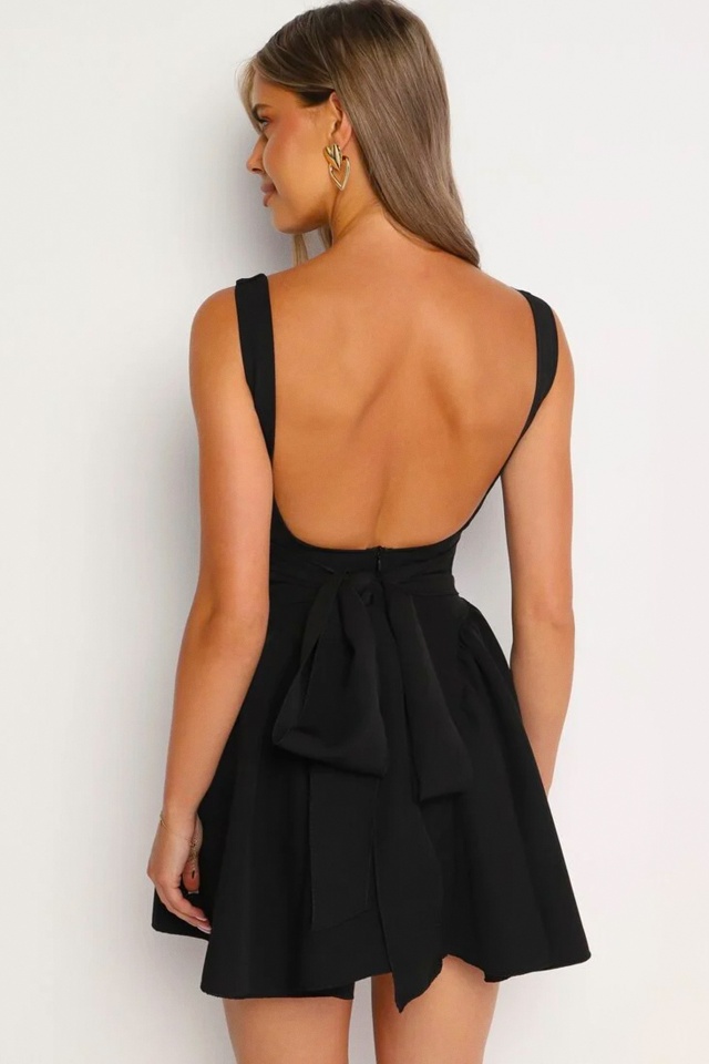 Rochie de zi MARA, cu funda la spate si croi babydoll, Negru, Marime S/M/L