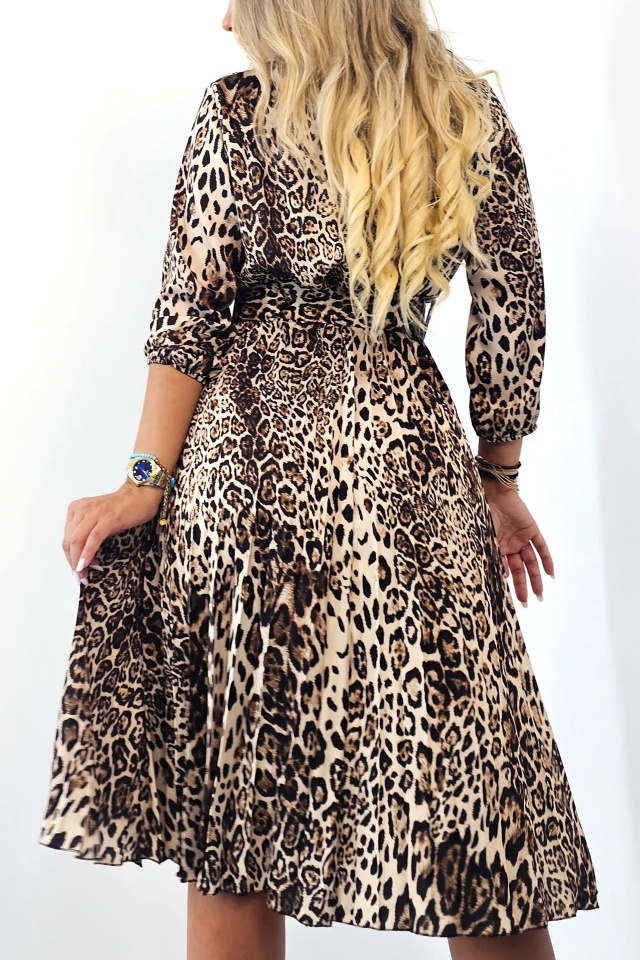 Rochie de zi plisata LUSINDA, cu animal print si curea, Ghepard, Marime S/M