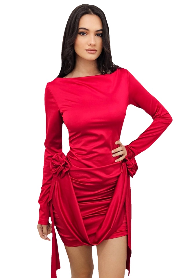 Rochie eleganta Jordana, cu aplicatii florale si fronseuri laterale, Rosu, Marime S/M