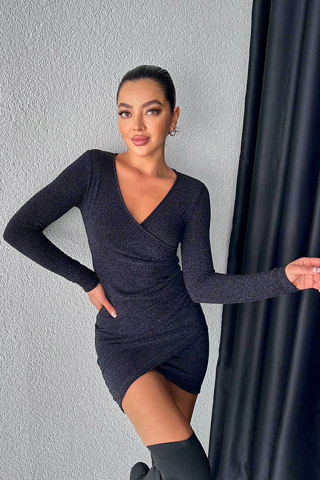 Rochie eleganta Liuba, cu croiala asimetrica, bodycon si fronseuri, Negru