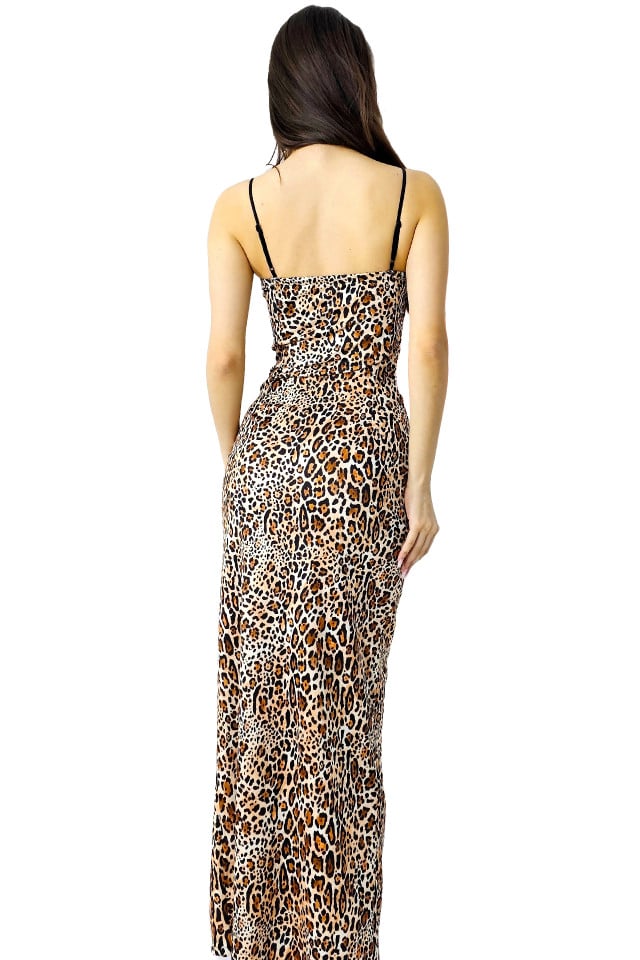 Rochie eleganta Mioara, croi lung cu slit petrecut si detaliu floral oversize, Leopard print, Marime S/M