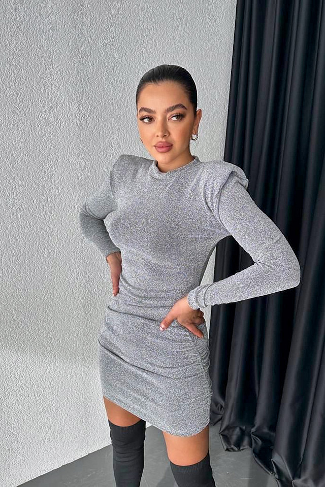 Rochie eleganta MiraBELL, bodycon si croi cu umeri supradimensionati, Argintiu