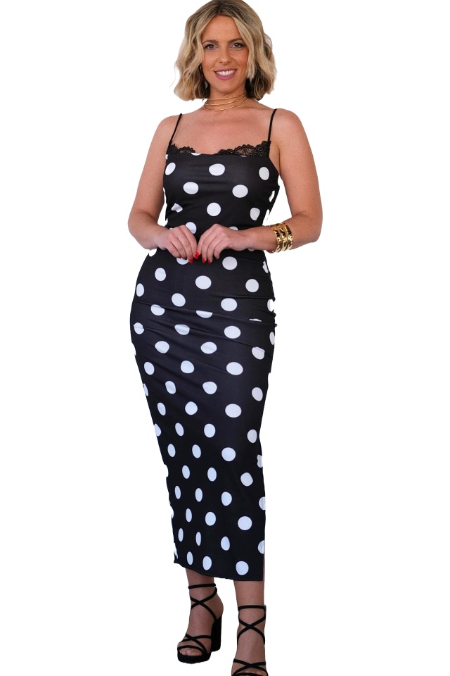 Rochie eleganta SUAVE, imprimeu cu buline si insertii din dantela, Marime S/M