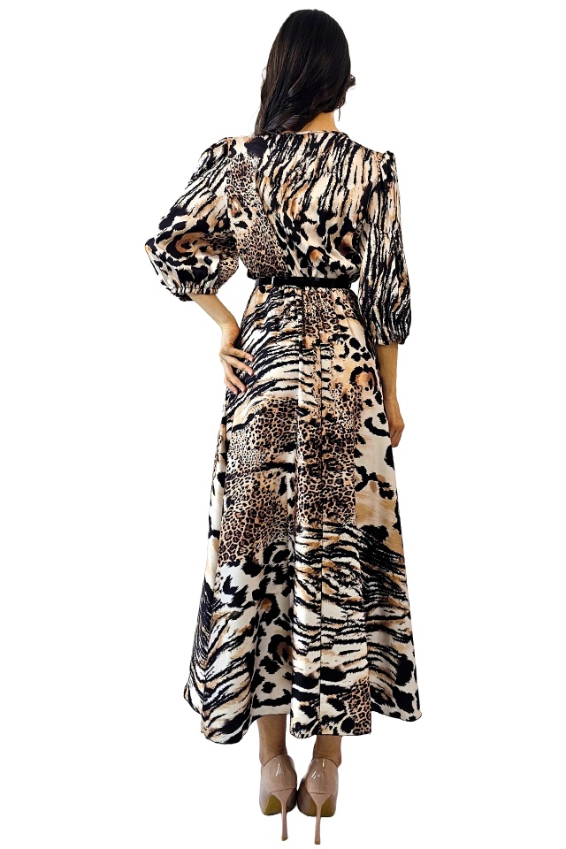 Rochie evazata LORY, cu animal print si curea metalica, Bej