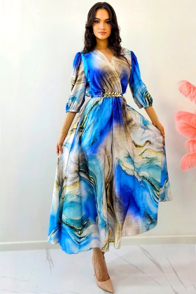 Rochie evazata LORY, cu imprimeu royal si curea metalica, Gold Blue, 42