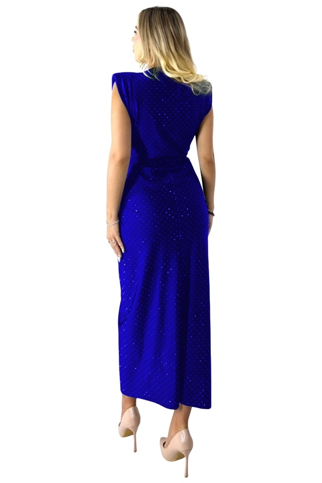 Rochie lunga cu cristale JHOSY si decolteu adanc, Albastru Royal, Marime S/M
