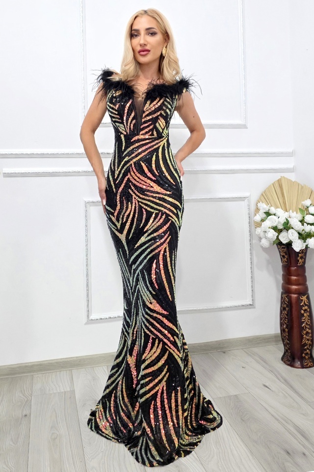 Rochie lunga de ocazie VaLLia, croi sirena, cu paiete multicolore si pene, Negru