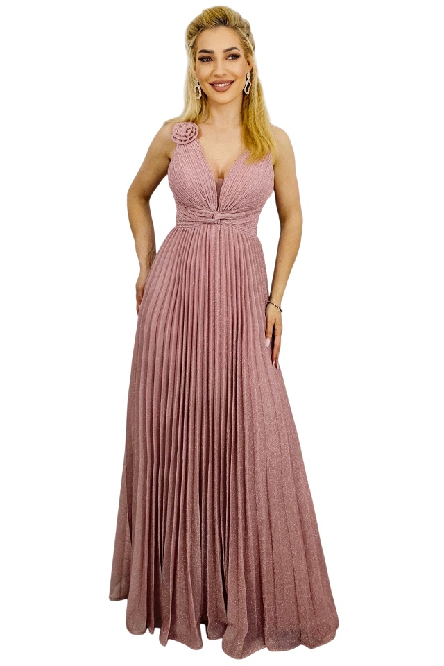 Rochie lunga de seara AZARIA, cu falduri si croiala empire, ROZ