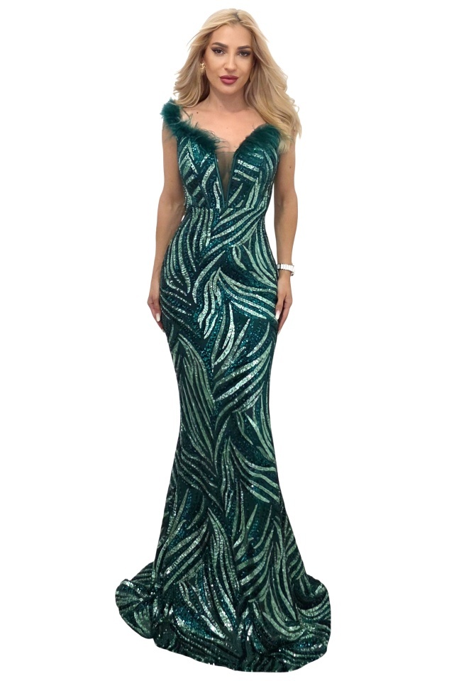 Rochie lunga de seara VaLLia, croi sirena, cu paiete si pene strut, Verde