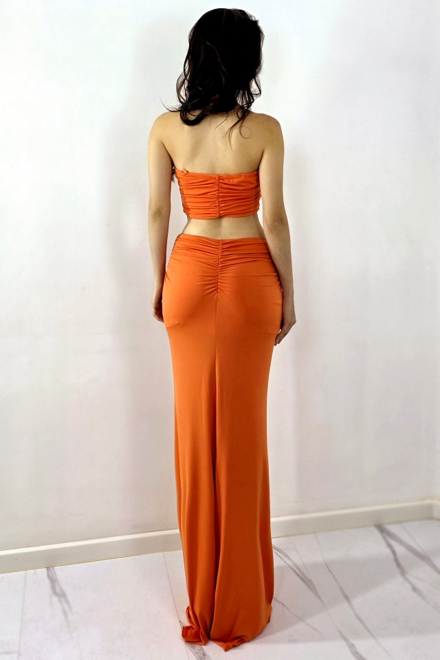 Rochie lunga de vara ELPIRI, croi decupat cu impletituri, Orange, Marime S/M