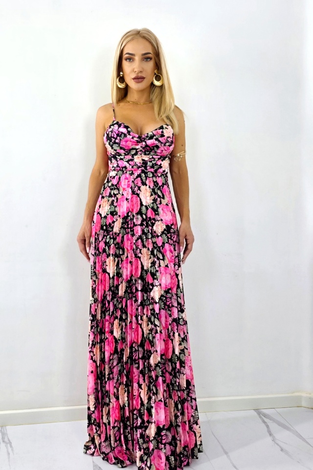 Rochie lunga plisata NYSA, cupe buretate si legare spate, Negru/ROZ, Marime S/M