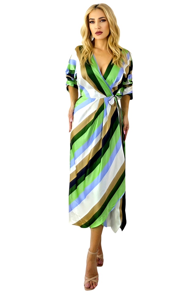Rochie lunga satinata NALINI, cu cordon si aspect petrecut, Verde