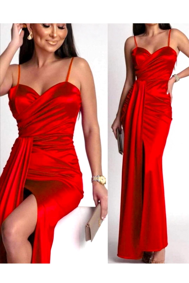 Rochie lunga satinata, OLyna, cu crapatura pe picior si fald, Rosu, Marime S/M