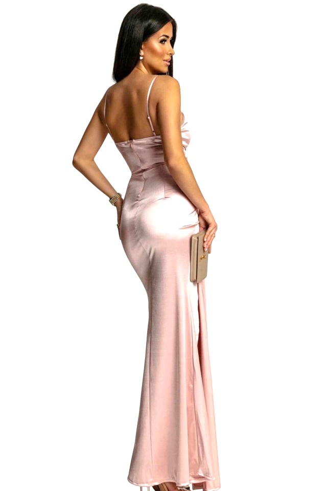 Rochie lunga satinata, OLyna, cu crapatura pe picior si fald, Roz pudrat, Marime S/M