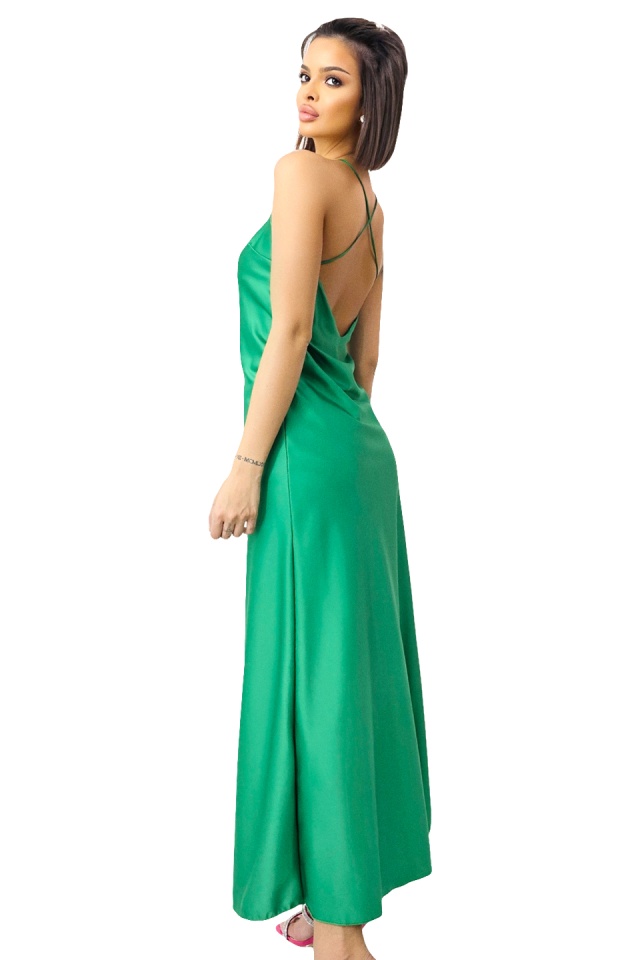 Rochie lunga satinata Priscilla, cu spatele gol si croiala halter, Verde, Marime S/M