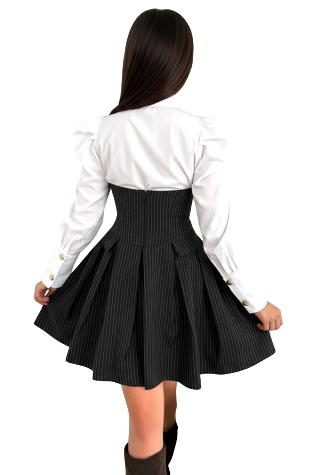 Rochie office tip camasa TOMYNA, bumbac si brosa inclusa, Negru, Marime S/M