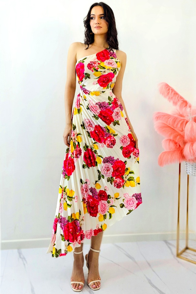 Rochie plisata asimetrica Elza Print, cu decupaj in zona taliei si imprimeu cu lămâi, Lemon Rose, Marime S/M