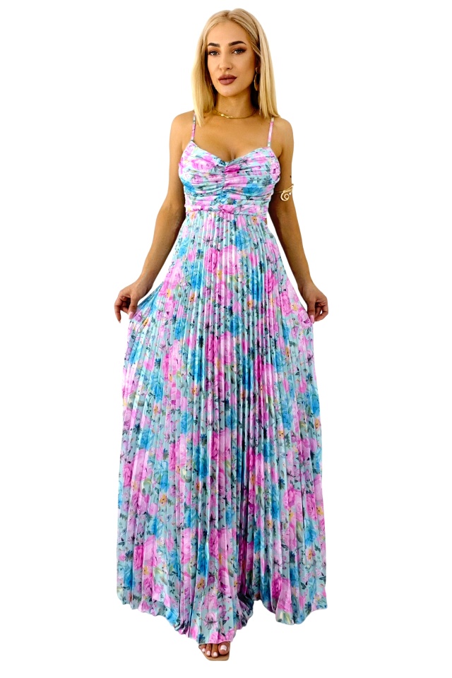 Rochie plisata de zi NYSA, cu funda la spate, BLUE/ROZ, Marime S/M