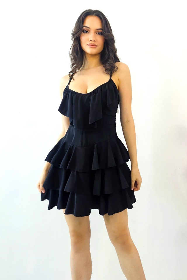 Rochie scurta AUGUSTina, babydoll cu volane asimetrice, Negru, Marime S/M