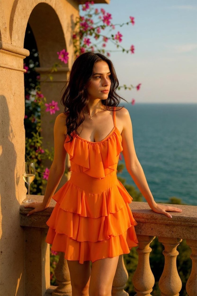 Rochie scurta AUGUSTina, babydoll cu volane asimetrice, Orange, Marime S/M
