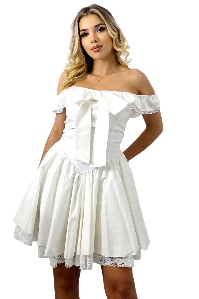 Rochie scurta babydoll VYVYE, cu volane si dantela, ALB, Marime S/M
