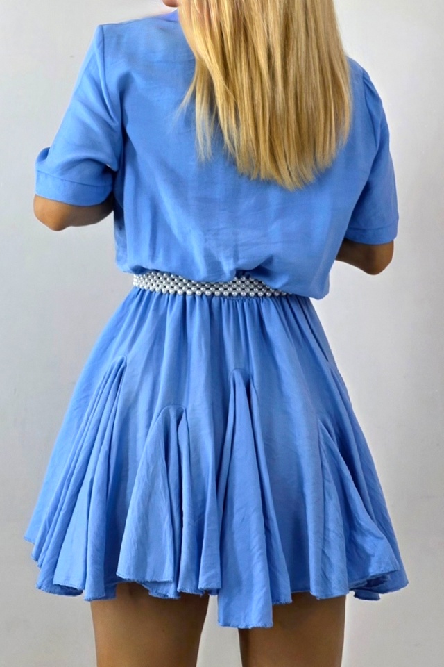 Rochie scurta, de zi, Peony, cu volum si volane, Blue, Marime S/M