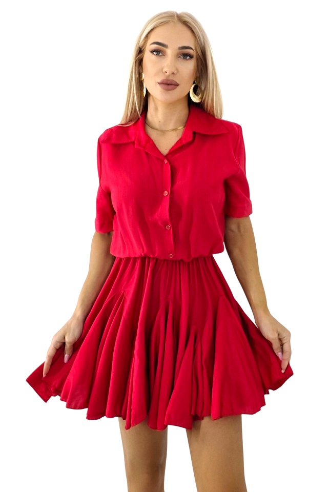 Rochie scurta, de zi, Peony, cu volum si volane, Rosu, Marime S/M