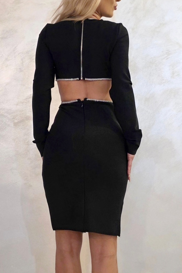 Rochie scurta, decupata LYORA, cu pietre artizanale, Negru, Marime S/M