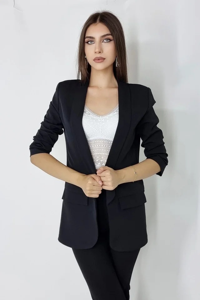 Sacou casual BLUMY, cu lungime medie si clapete, NEGRU, Marime XL/2XL - 2 | YEO