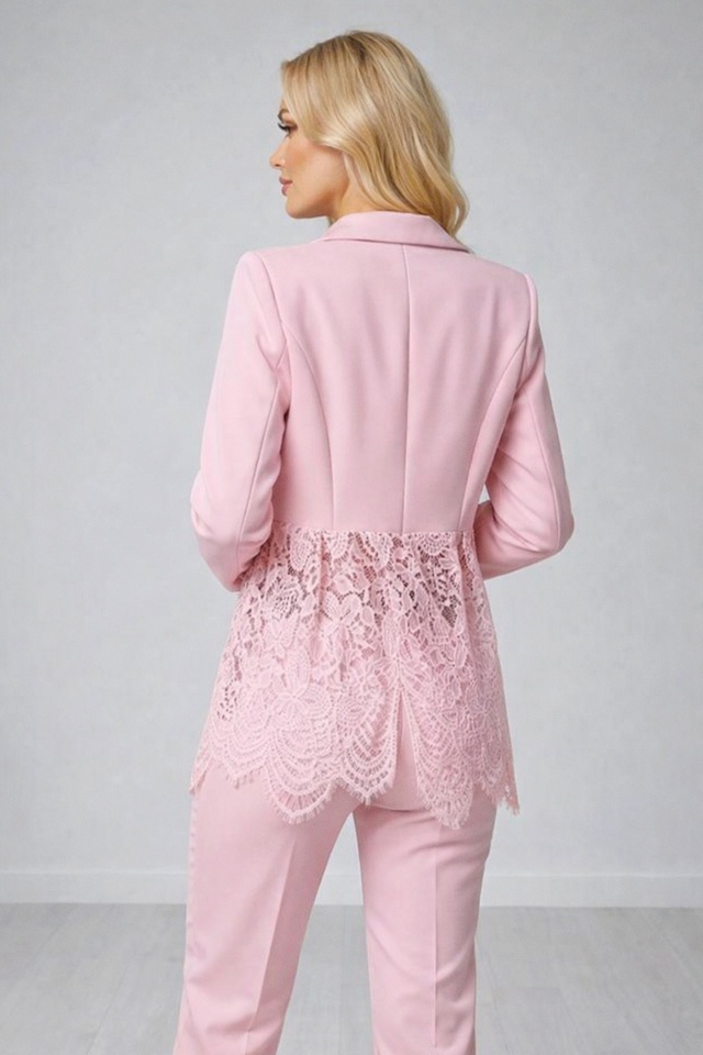 Sacou elegant Roselle, cu panou asimetric din dantela, Roz, Marime S/M