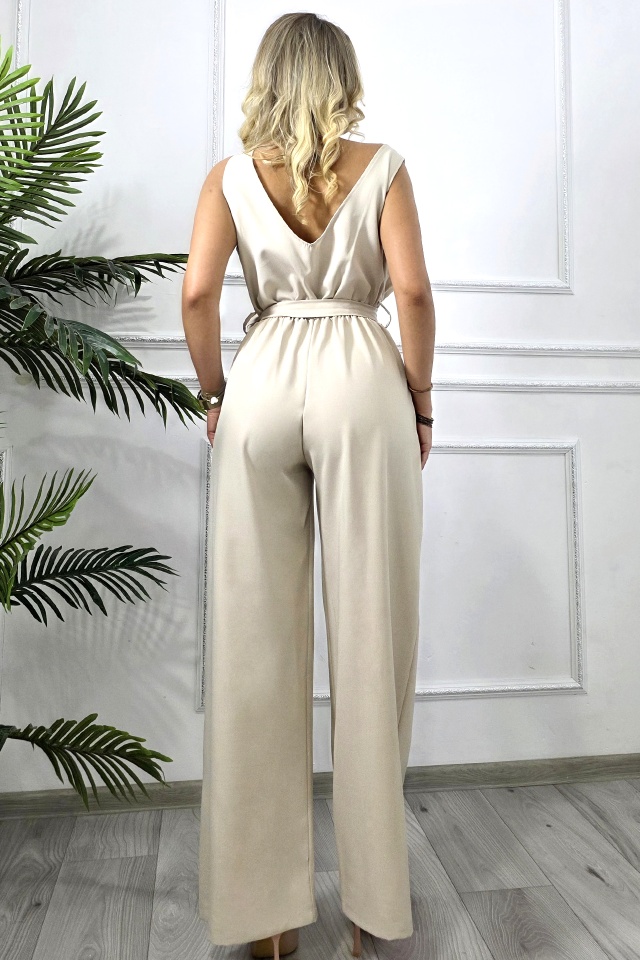 Salopeta lunga eleganta YLINA, cu spate semidecupat si cordon, Crem, Marime S/M - 1 | YEO