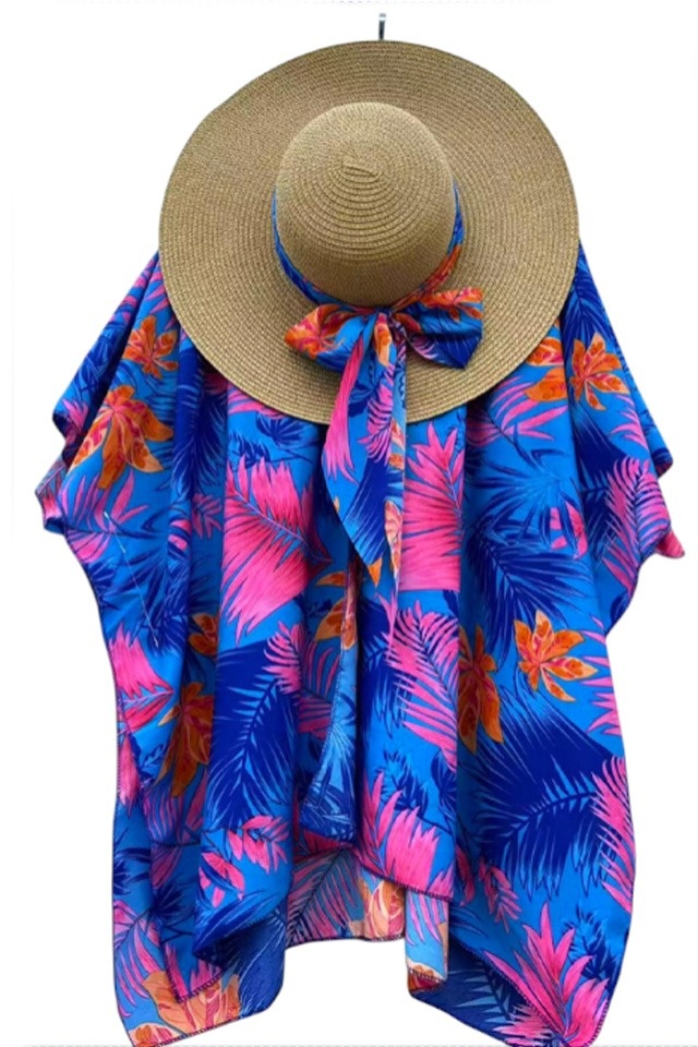 Set de plaja SAMY, tunica si palarie accesorizata cu esarfa, Bleu Jungle, Marime S/M - 1 | YEO