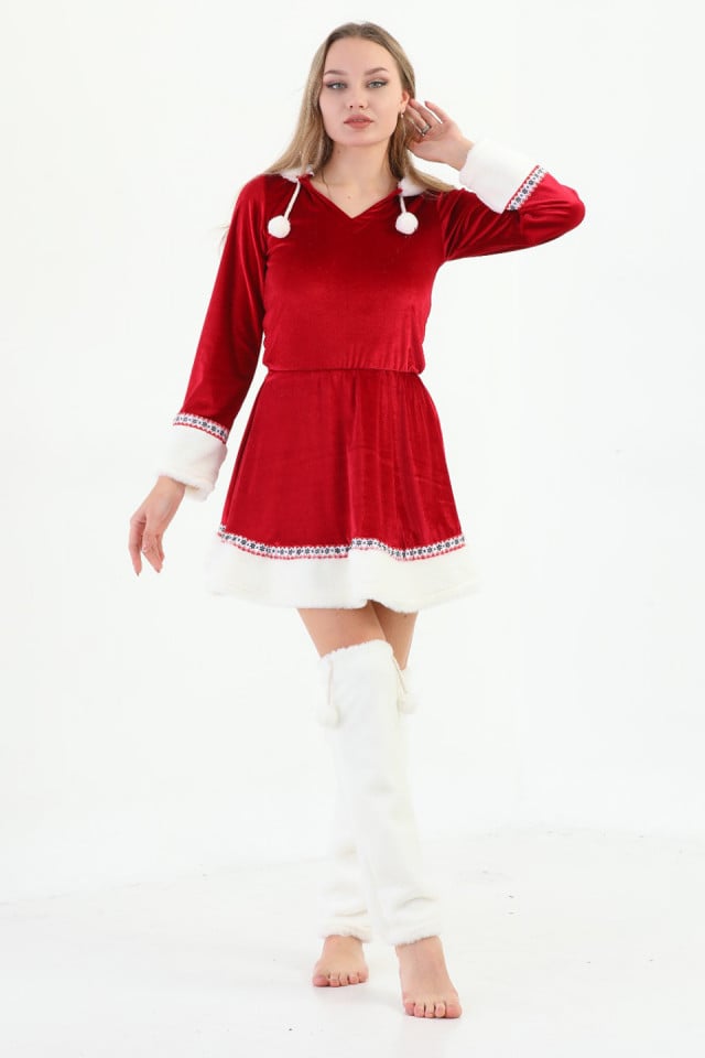 Set rochie Craciunita din catifea si blanita, Sparkle, gluga, jambiere din blanita artificiala si ciucuri