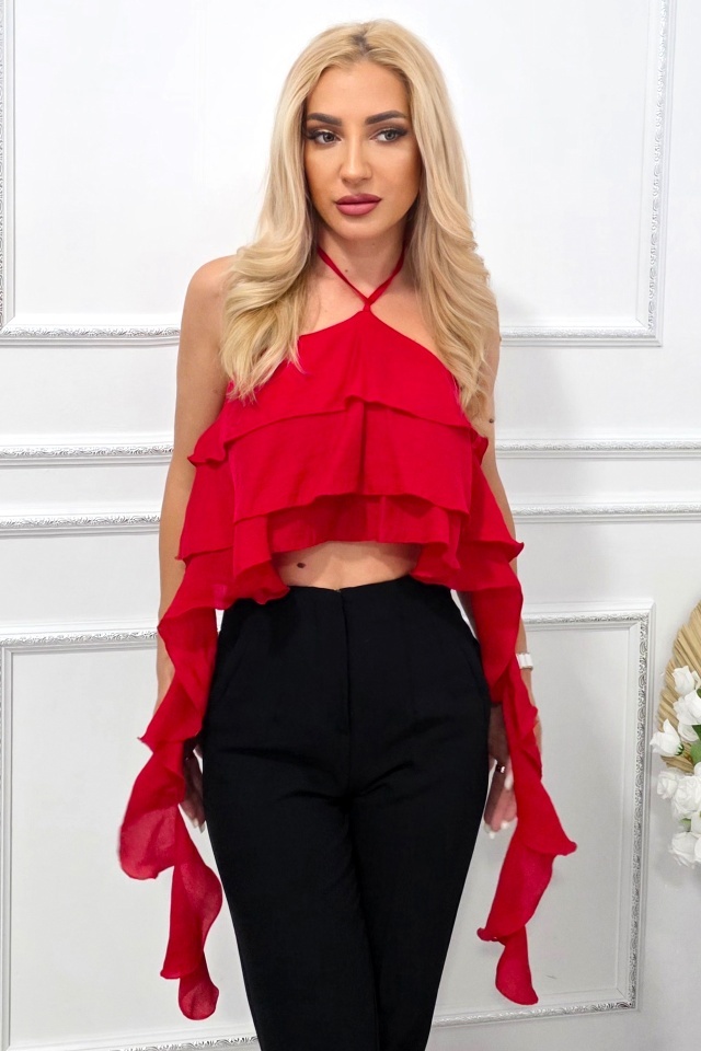 Top elegant Yuna, cu volane oversize asimetrice, Rosu, Marime S/M - 2 | YEO