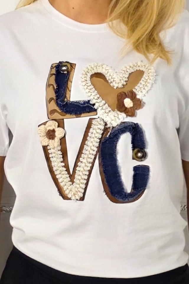 Tricou bumbac NOREA, cu imprimeu in relief, LOVE Alb - 4 | YEO
