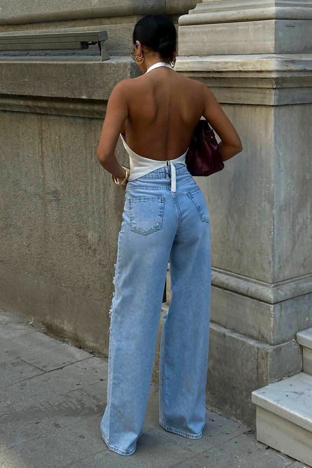 Blugi dama KUMBA, croiala wide leg palazzo cu dantela si perforatii, Albastru