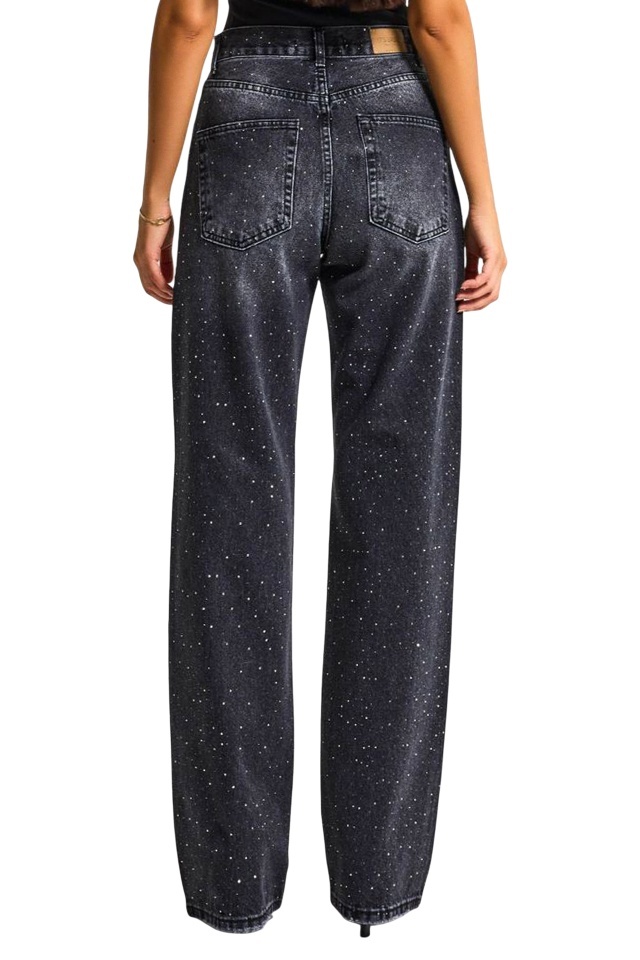 Blugi prespalati Luneth, croiala loose fit oversize cu cristale aplicate, Negru