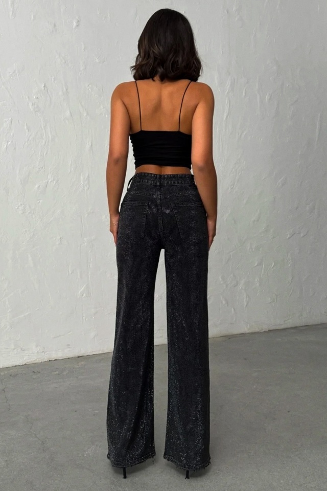 Blugi wide leg cu elastan, MYLANO si strasuri, Negru