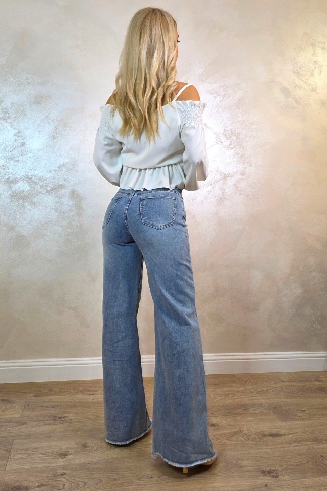 Blugi wide leg evazati Ventura, cu textura elastica, Albastru prespalat