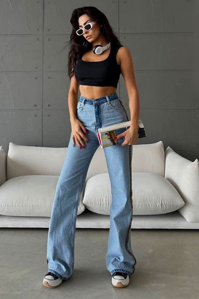 Blugi wide leg in doua nuante Zurich, cu dunga laterala in relief, Albastru deschis - 2 | YEO