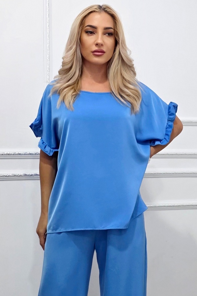 Bluza vaporoasa NORYA, cu maneca scurta si volane, Albastru deschis - 3 | YEO