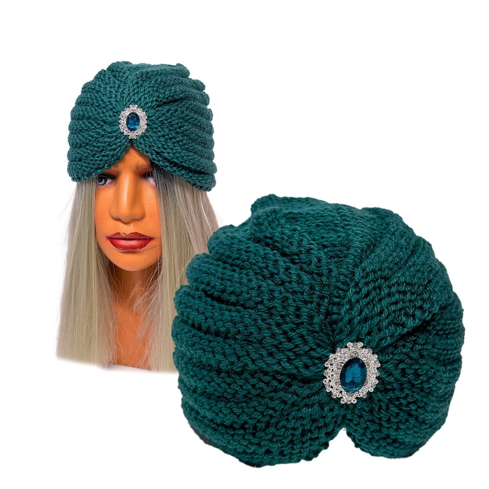 Caciula dama tip turban, NIDEH, cu brosa si textura tricotata, Turquoise