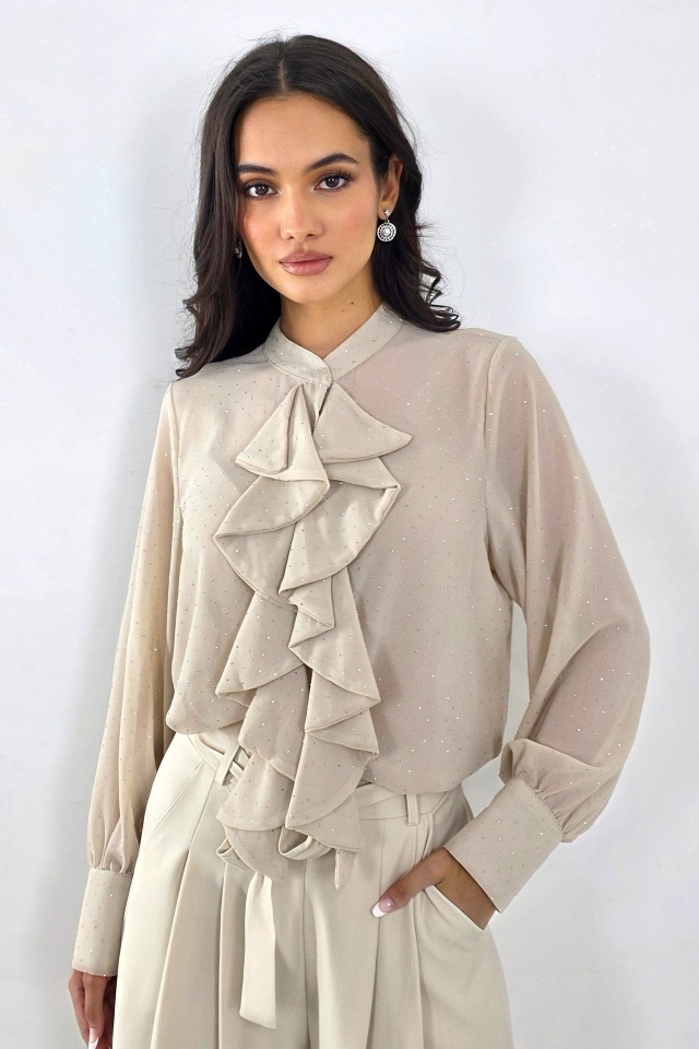 Camasa dama croi lung, Daliah cu volane si buline, Crem, Marime S/M - 2 | YEO