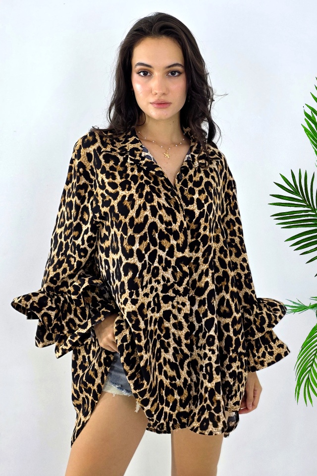Camasa de ocazie Sugar LoLLy, cu volane si croi supradimensionat, Leopard, Marime S/M/L - 2 | YEO
